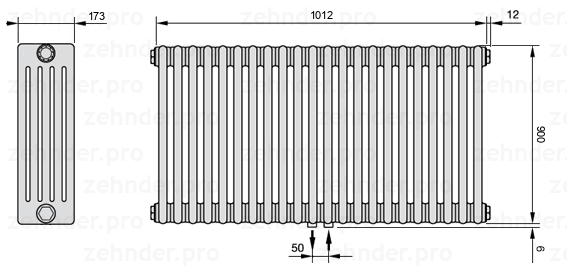 Схема (чертеж) Радиатор Zehnder Charleston 5090/22 №5410 Белый глянцевый RAL 9016